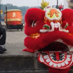 Chinese Lion Costume with Drum in the Background